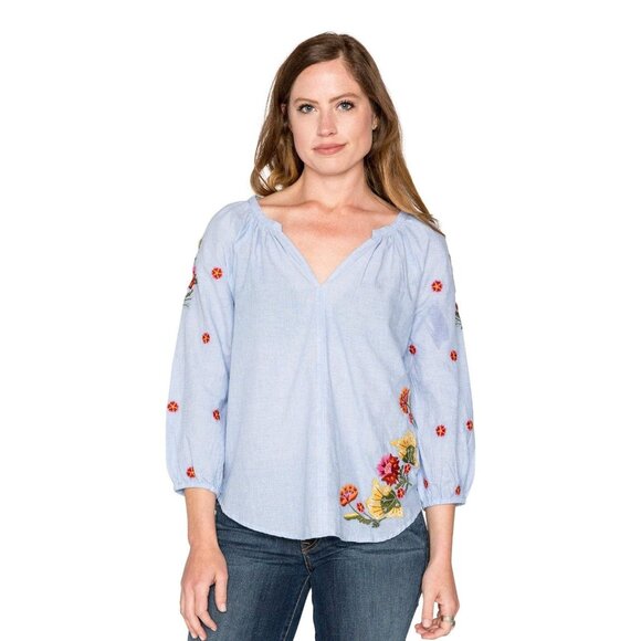 VELVET GRAHAM & SPENCER Arabelle Chambray Embroidered Peasant Blouse, Size M - Picture 1 of 16